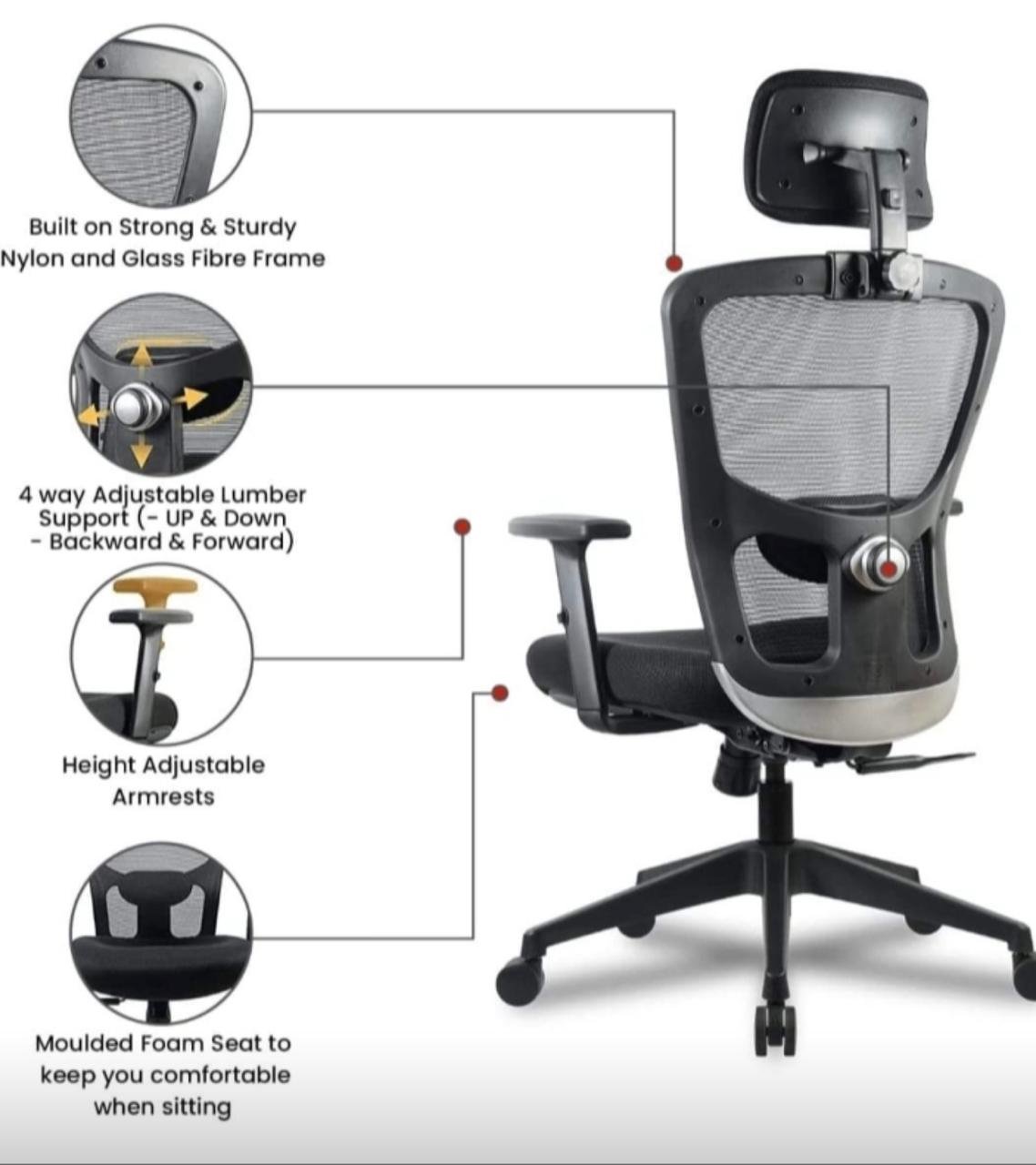 Declan ergonomic office chair features – nylon and glass fibre frame, 4-way adjustable lumbar support, height adjustable armrests, moulded foam seat